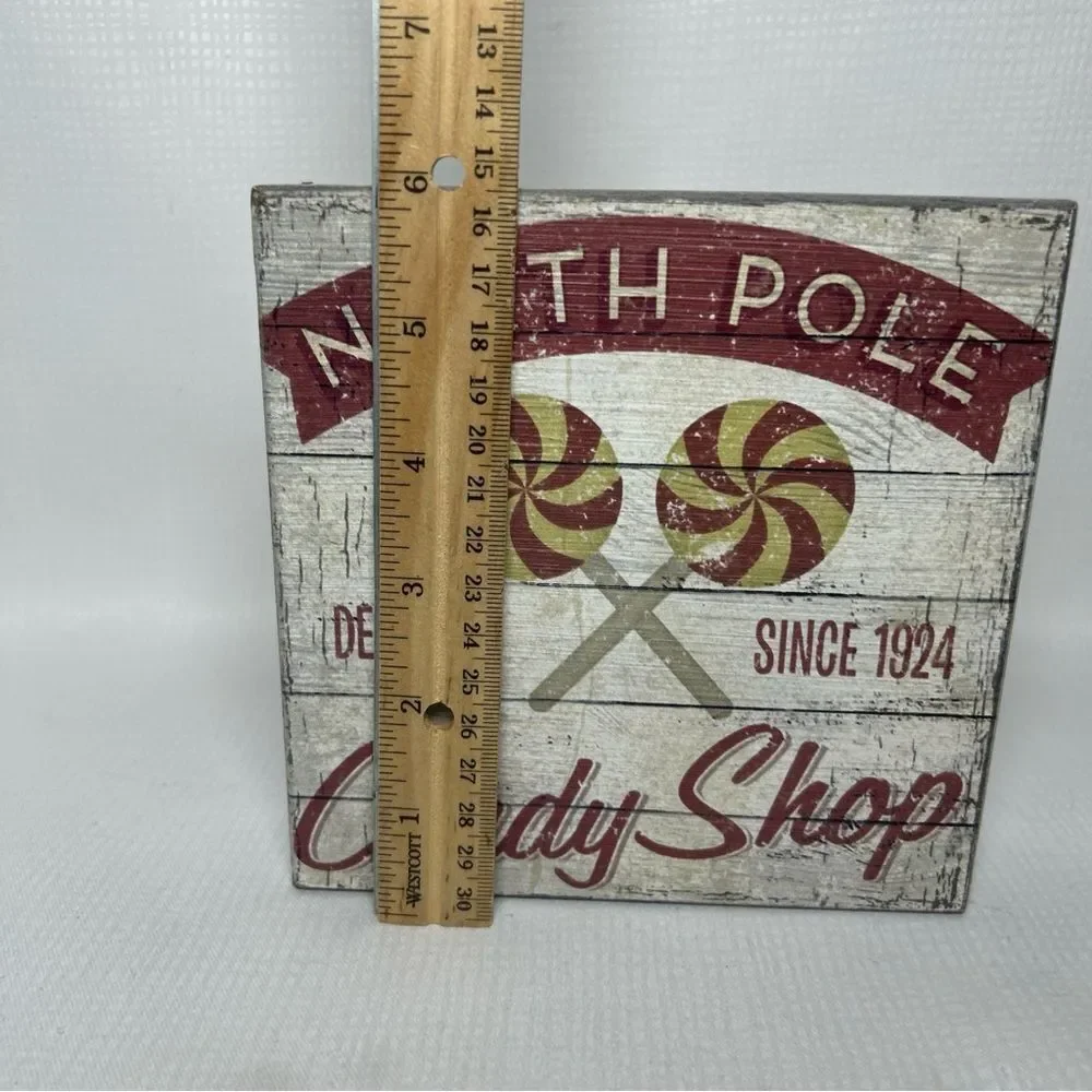 Distressed Rustic Wood Sign North Pole Candy Shop Christmas Holiday 6” Square